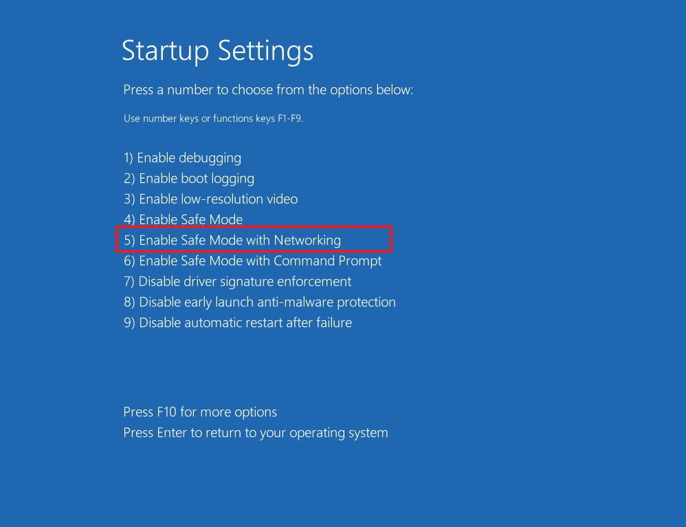 startup settings enable safe mode with networking