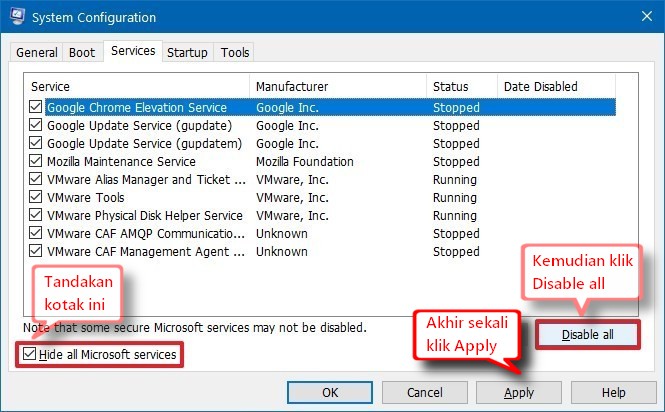 system configuration disable all services